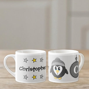 Tasse Expresso Mignon pingouin gris jaune avec des étoiles pour e