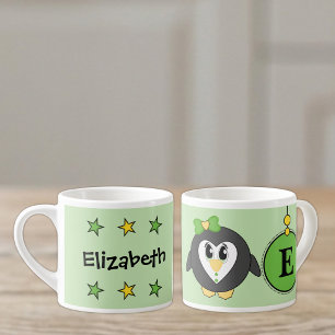 Tasse Expresso Mignon pingouin vert jaune avec des étoiles pour e