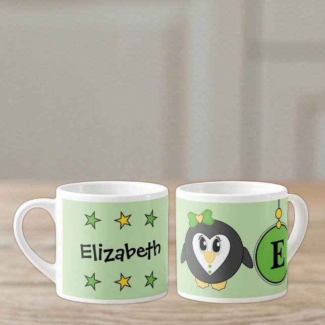 Tasse Expresso Mignon pingouin vert jaune avec des étoiles pour e (Créateur téléchargé)