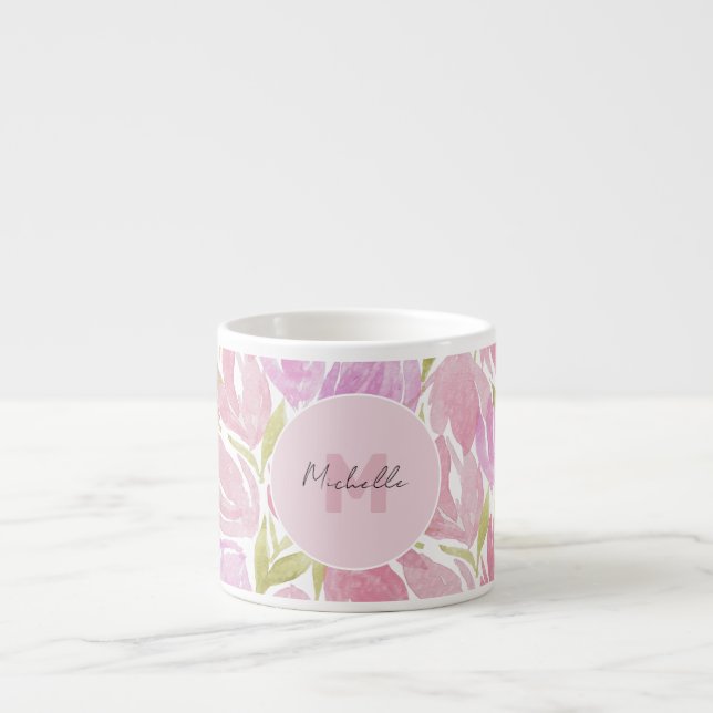 Tasse Expresso Monogramme aquarelle rose fuchsia floral (Devant)