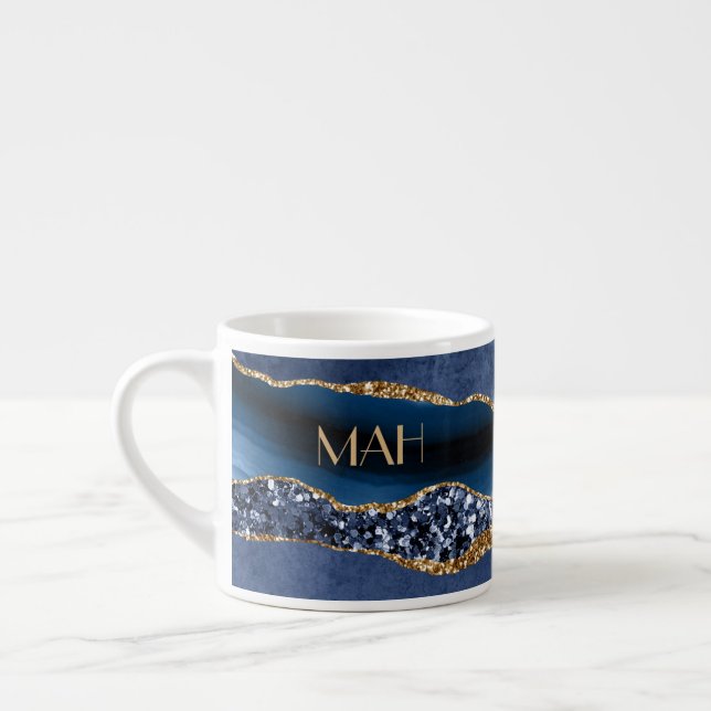 Tasse Expresso Monogramme bleu or scintillant marbre agate Expres (Gauche)