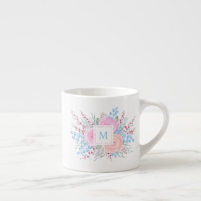 Tasse Expresso Monogramme Bouquet d'aquarelle Roses roses Bleues  (Droite)