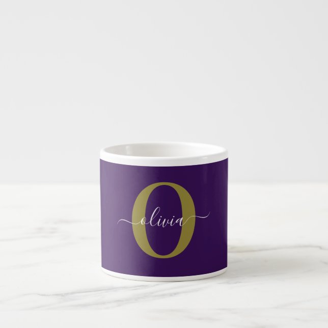 Tasse Expresso Monogramme customisé Nom du script Purple White Go (Devant)