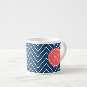 Tasse Expresso Monogramme de corail du motif   de Chevron de bleu