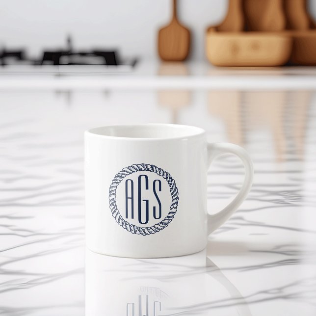 Tasse Expresso Monogramme de la corde bleue de la marine nautique (Créateur téléchargé)