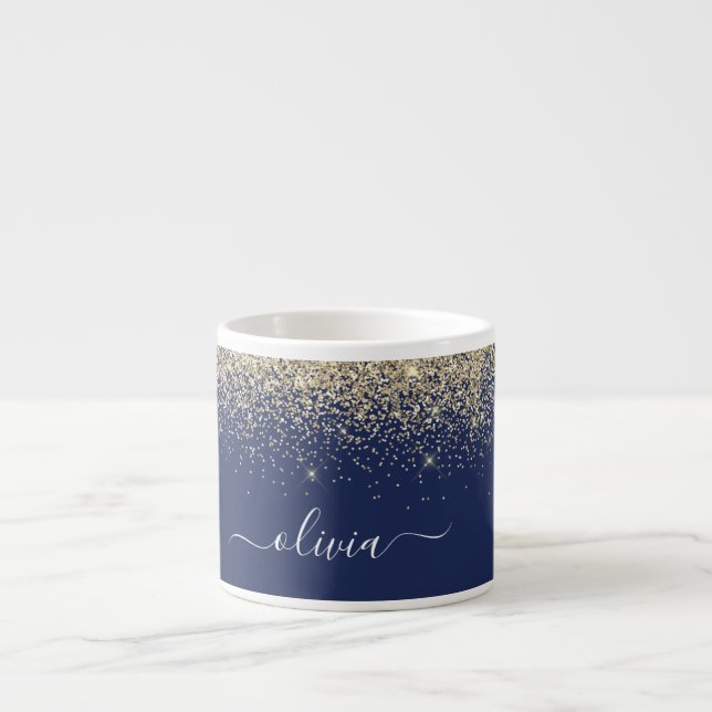 Tasse Expresso Monogramme Nom Paillettes Bleu Marine Or (Devant)