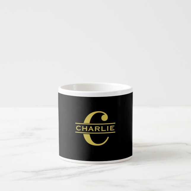 Tasse Expresso Monogramme Personnalisé Et Nom Noir Et Or (Devant)