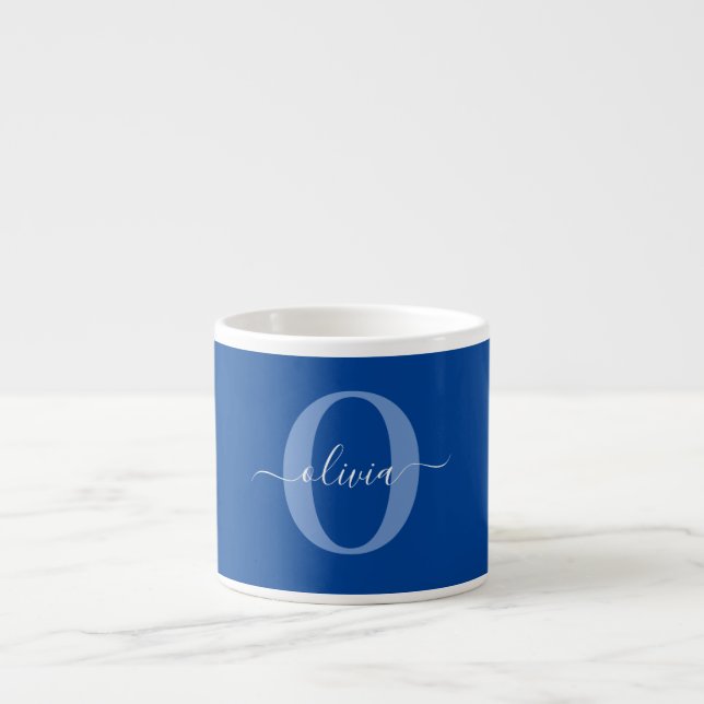 Tasse Expresso Monogramme personnalisé Nom du script Bleu Blanc (Devant)
