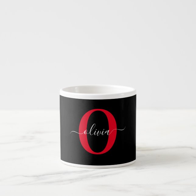 Tasse Expresso Monogramme personnalisé Nom du script Noir Blanc R (Devant)