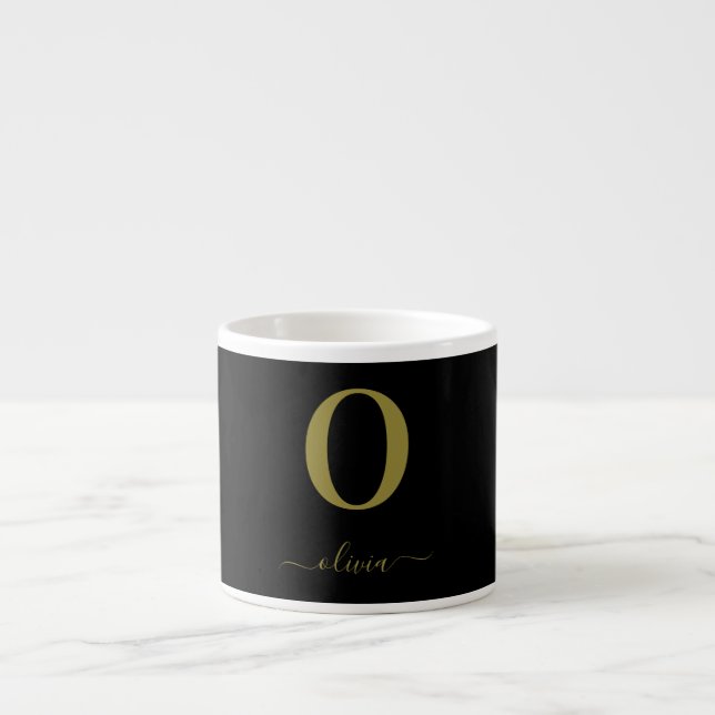 Tasse Expresso Monogramme Script Nom Personnalisé Noir Et Or (Devant)