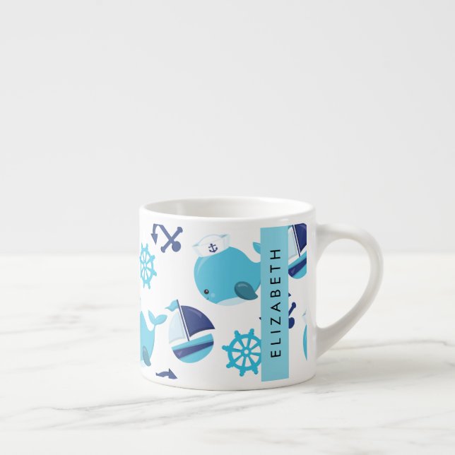 Tasse Expresso Motif De Baleines, Baleines Bleues, Votre Nom (Droite)