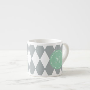 Tasse Expresso Motif de harlequin de blanc gris, monogramme vert