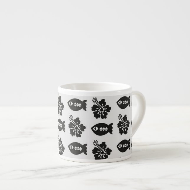 Tasse Expresso Motif de poisson et de fleur Tiki noir et blanc (Devant droit)