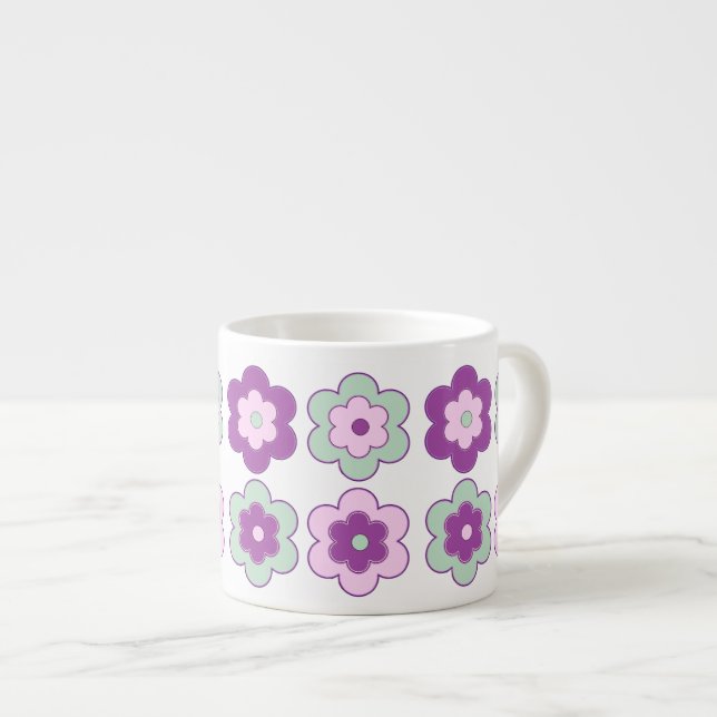 Tasse Expresso Motif Fleurs Bulles Rétro (Violet et Vert) (Devant droit)