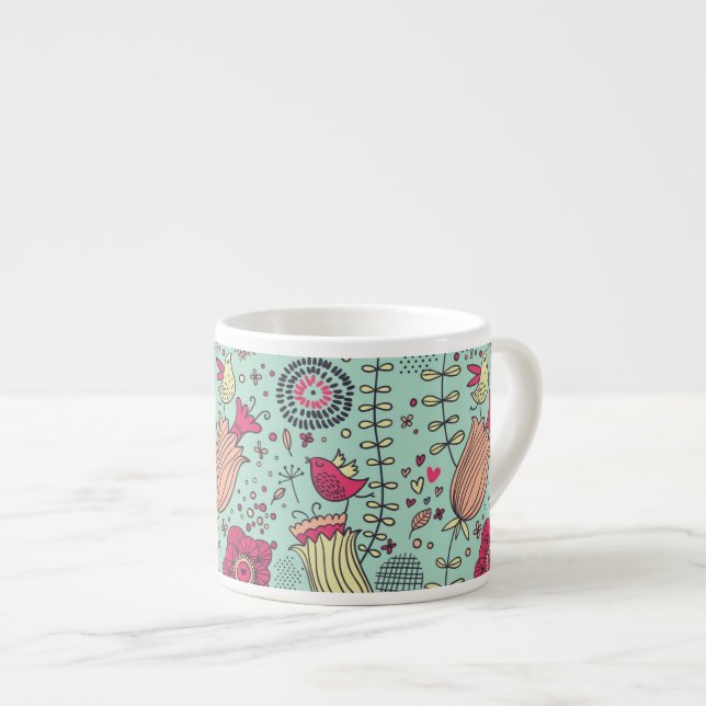 Tasse Expresso Motif floral de bande dessinée avec des oiseaux (Devant droit)