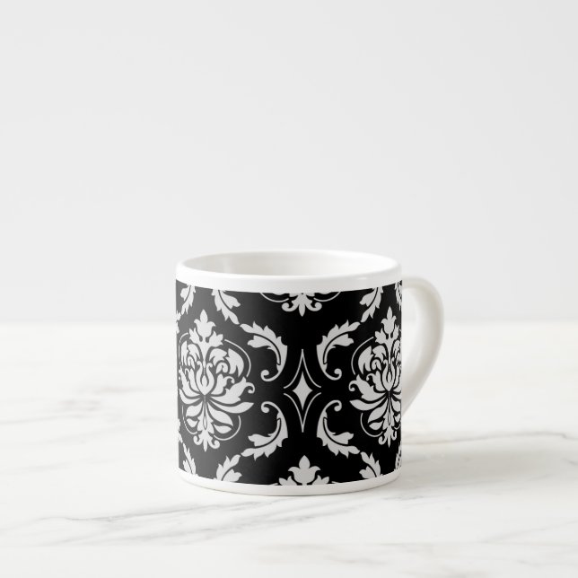 Tasse Expresso Motif floral noir et blanc classique de damassé (Devant droit)