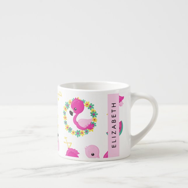 Tasse Expresso Motif tropical, Flamants roses, Fleurs, Votre Nom (Droite)