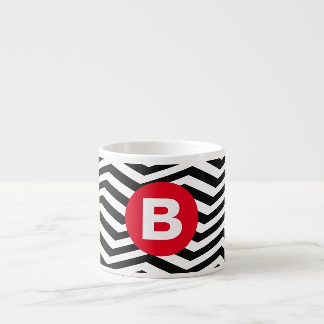 Tasse Expresso Motif Zig Zag Noir et Blanc Monogramme Rouge (Devant)
