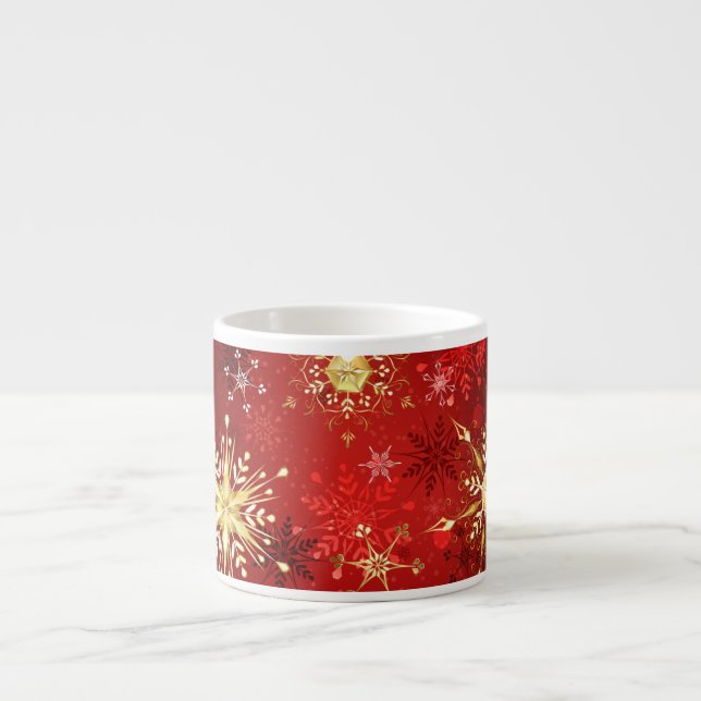 Tasse Expresso Noël Golden Snowflakes sur Arrière - plan rouge (Devant)