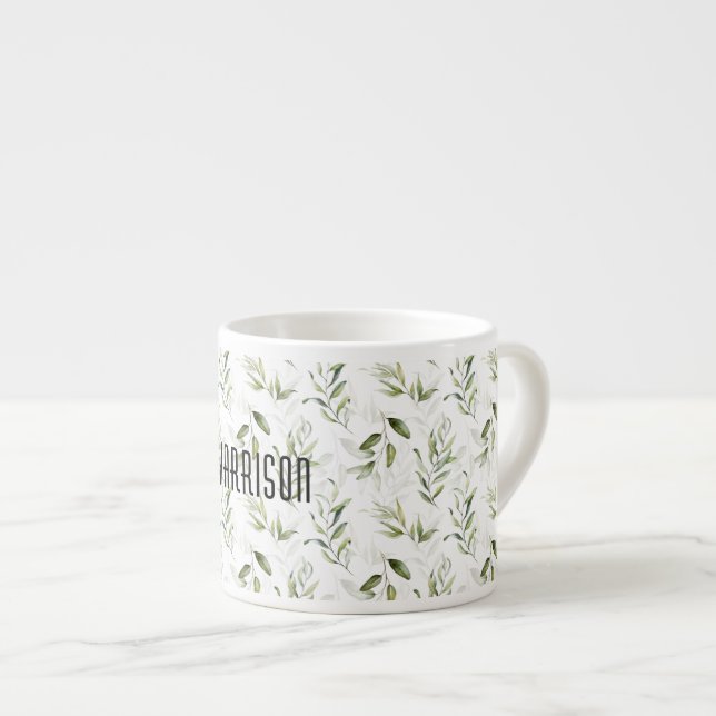 Tasse Expresso Nom || Masculin Aquarelle Verdure 6oz (Devant droit)