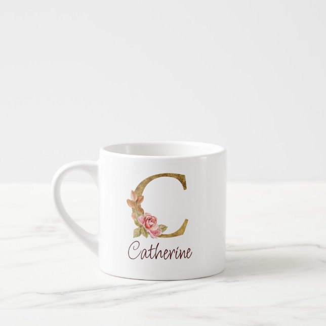 Tasse Expresso Nom personnalisé Blush Roses Rose lettre C en feui (Gauche)