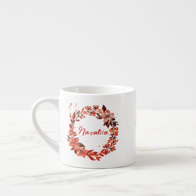 Tasse Expresso Nom personnalisé de la couronne florale orange (Gauche)