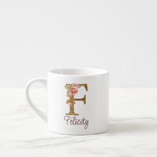 Tasse Expresso Nom personnalisé Lettre F Or Feuille Rose rose blu