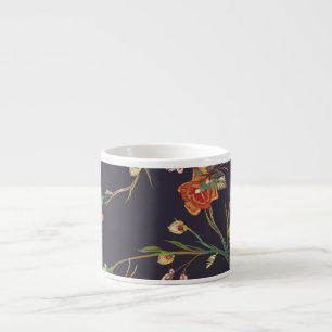 Tasse Expresso Oiseau vintage, Papillon, Aquarelle de broderie.
