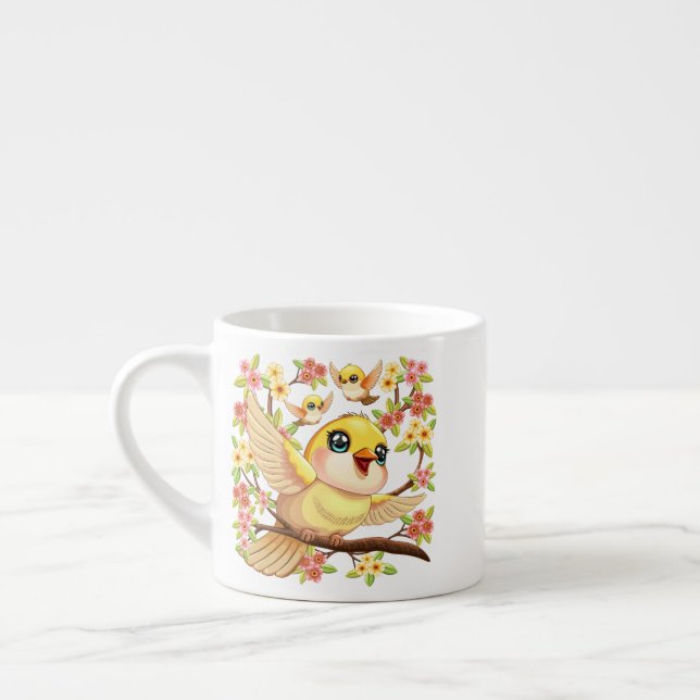 Tasse Expresso Oiseaux mignons et heureux parmi les fleurs du pri (Gauche)