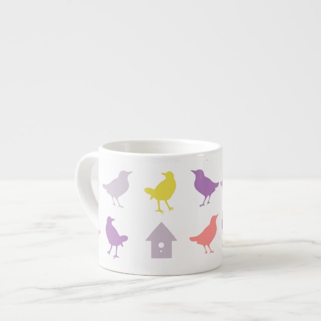 Tasse Expresso Oiseaux pastel rose et violet avec Birdhouse (Devant gauche)