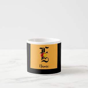 Tasse Expresso Personnalisé Monogramme E Floral Noir Orange