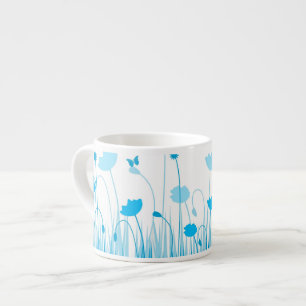 Tasse Expresso Poppies bleues et blanches minimalistes Pré floral