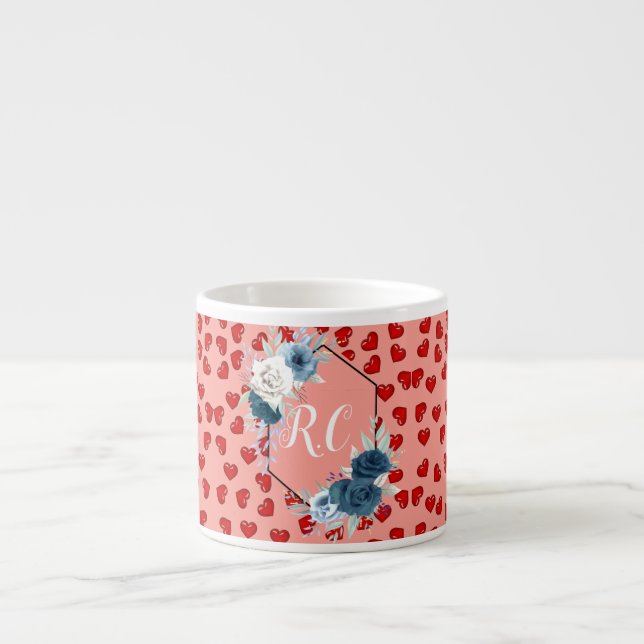 Tasse Expresso Poussière Bleue Élégante Fleurs & Cœurs Rouges Mon (Devant)