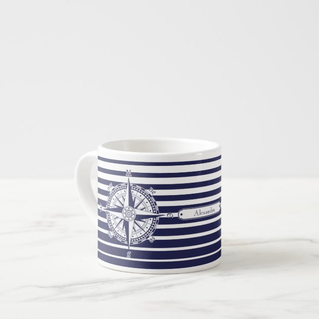 Tasse Expresso Rayures bleues de rose de boussole (Devant gauche)