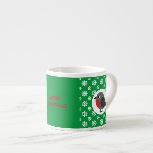 Tasse Expresso Robin de dessin mignon avec des flocons de neige | (Devant droit)