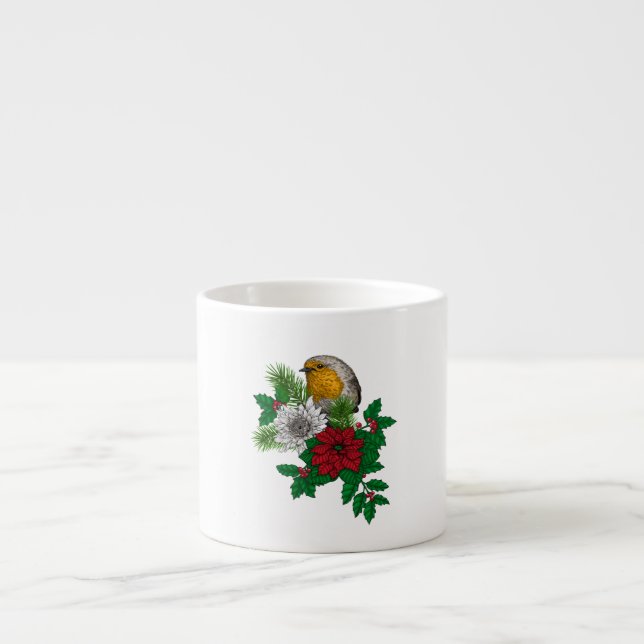 Tasse Expresso Robin rouge sur décoration de Noël (Devant)