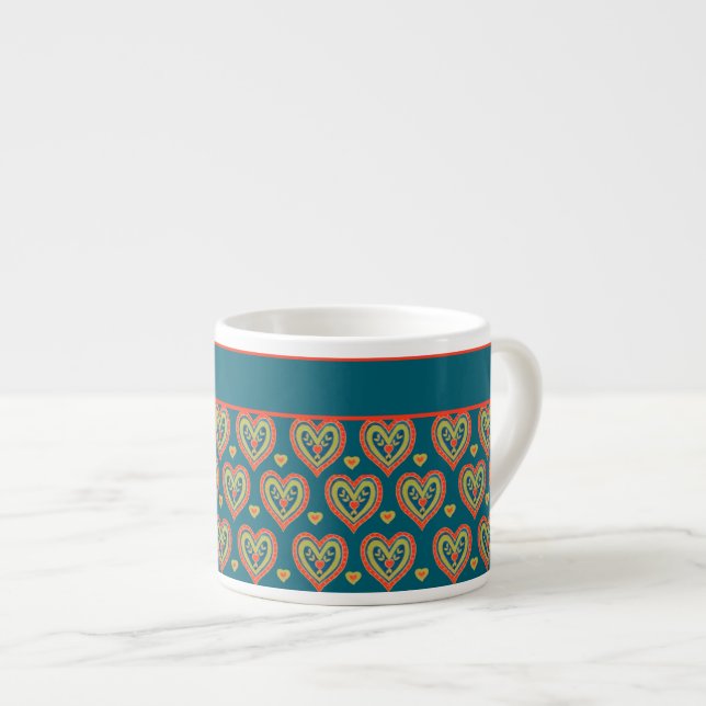 Tasse Expresso Rouge romantique, Coeurs verts sur Turquoise (Devant droit)