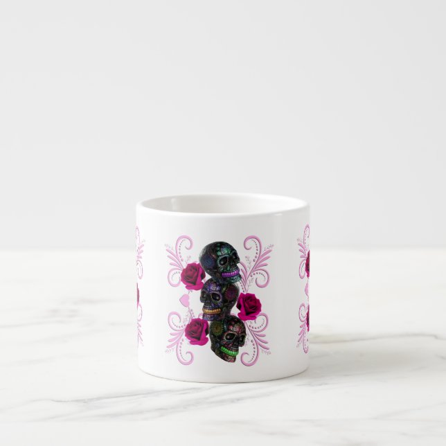 Tasse Expresso Triple Jour Noir Des Crânes Morts Roses Rose (Devant)