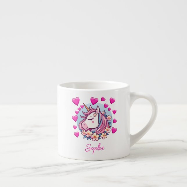 Tasse Expresso Unicorne mignonne, Coeurs et Fleurs roses, Nom per (Droite)