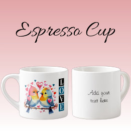 Tasse Expresso Valentine lovebirds custom text blue