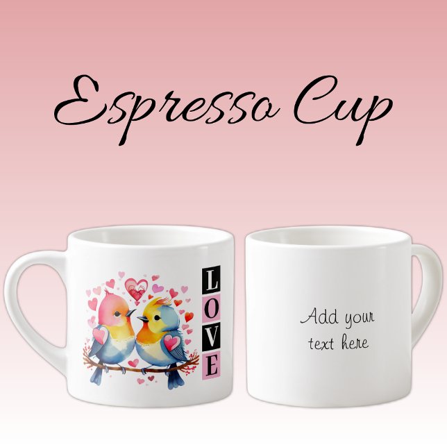 Tasse Expresso Valentine lovebirds custom text pink (Créateur téléchargé)