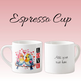 Tasse Expresso Valentine lovebirds custom text red