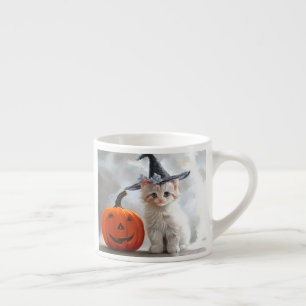 Tasse Expresso Vintage Halloween White Kitten et Jack-o' lantern