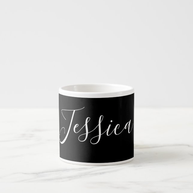 Tasse Expresso Votre nom | Élégant script blanc sur noir (Devant)