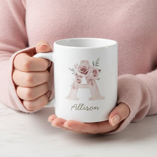 Tasse Féminine Monogramme Floral Rose - Lettre A