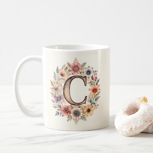Tasse fleur initiale C boho florale  (Avec donut)