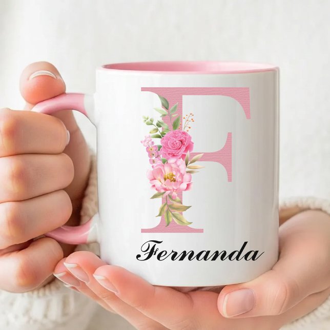 Tasse Fleurie avec Prénom Personnalisé Cadeau pour (Custom Pink Floral Monogram Mug Gift for Her, Wildflower Initial Name Mug Birthday Gift for Mom)