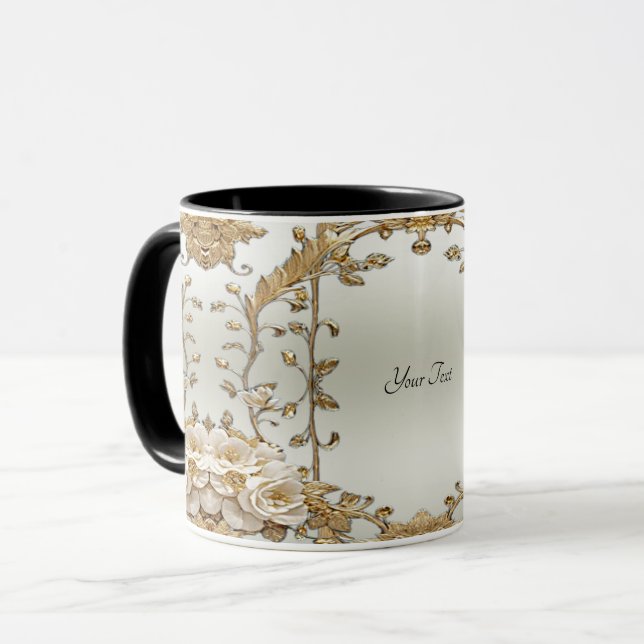Tasse Fleurs Blanches Ornementées Dorées (Devant gauche)