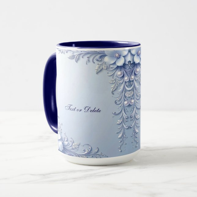 Tasse Fleurs Ornementales Bleues avec Perles (Devant gauche)