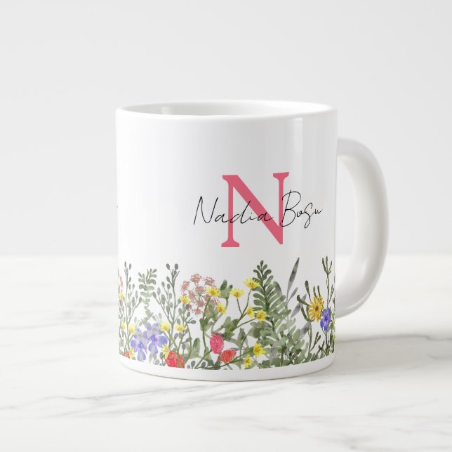 Tasse florale à monogramme aquarelle de prairie de (Devant droit)
